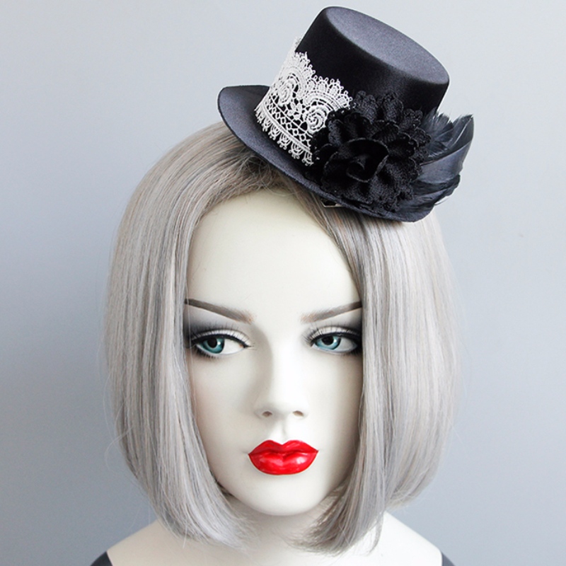 Encaje blanco gótico Negro Rosa Top mini sombrero Accesorio de Halloween Pinza para el pelo J18811