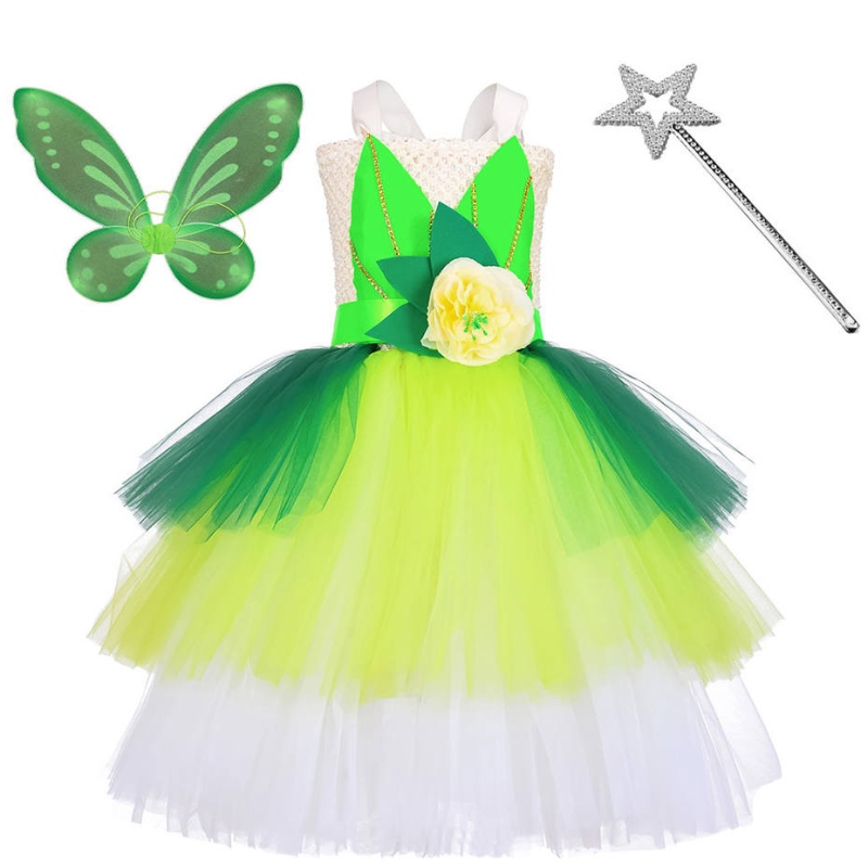 Halloween Cosplay Princesa Baby Girl Fiega Verde Fairy Tinker Bell Dress Elfo con juegos de alas de mariposa