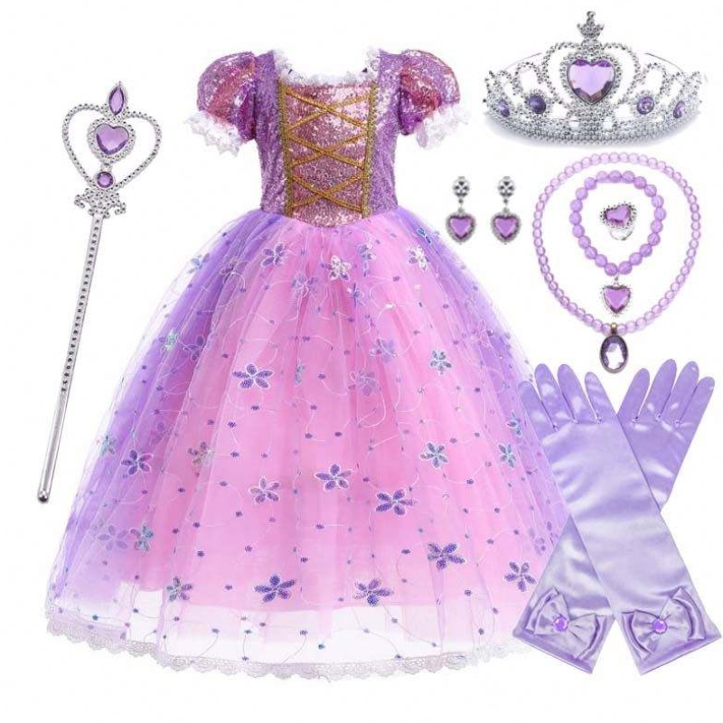 Disfraz de princesa deniñas Rapunzel Puff manga de lentejuelas Vestido de cosplay púrpura con accesorios HCRS-007
