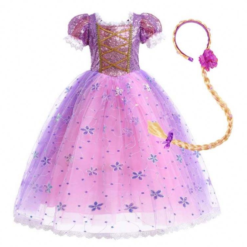 Disfraz de princesa deniñas Rapunzel Puff manga de lentejuelas Vestido de cosplay púrpura con accesorios HCRS-007