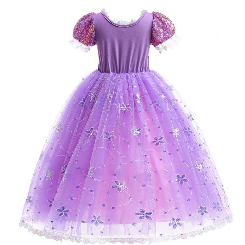 Disfraz de princesa deniñas Rapunzel Puff manga de lentejuelas Vestido de cosplay púrpura con accesorios HCRS-007