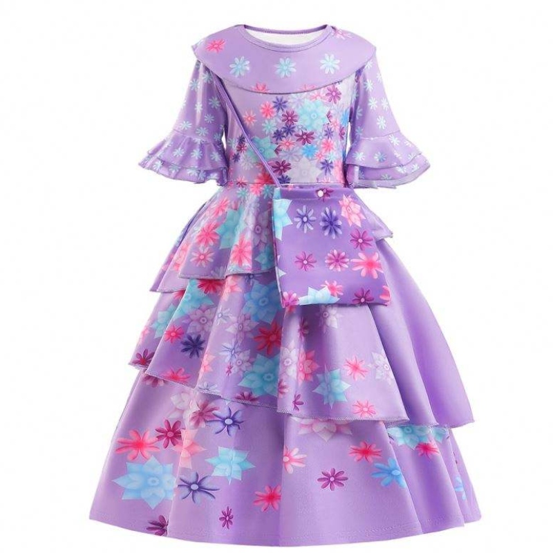 2022 NUEVA Moda Fashion Kids Encanto Costume Isabella Cosplay Flower Impreso Vestido diario paraniña con bolsa