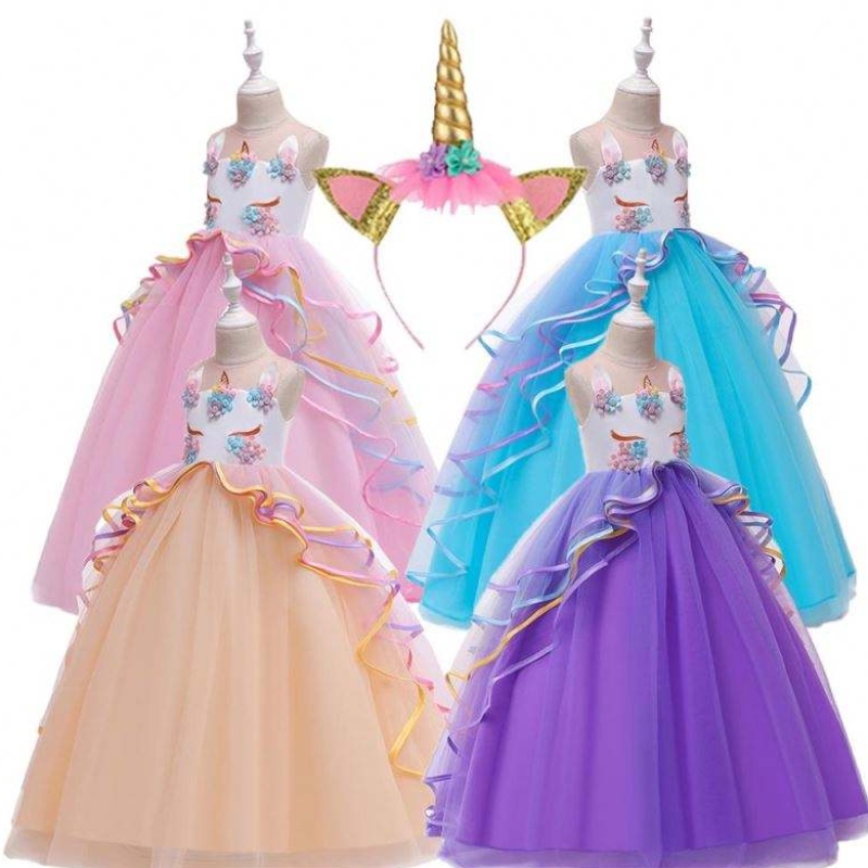 Baige 3-15 años Vestidos de fiesta de unicornio deniñas Ruffles Kids Clothing Dispinado de cumpleaños