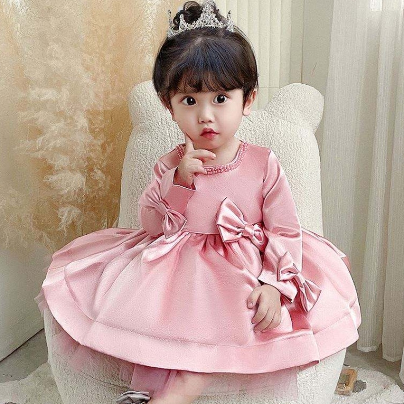 Baige Mangas largas Fiesta Vestido deniña de las flores Big Bow 1-6years