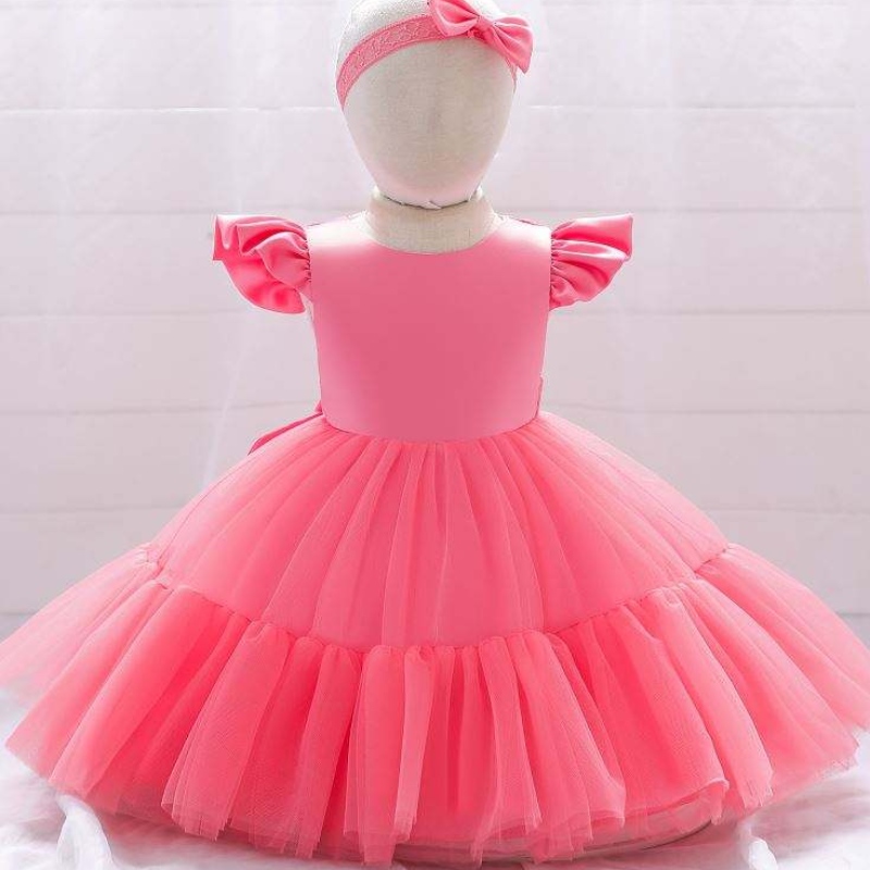 Baige Mesh Satin Princess Girls Vestidos de cumpleaños encantadores Diseños de vestidos paraniñas paraniñas para bautismo con banda para la cabeza