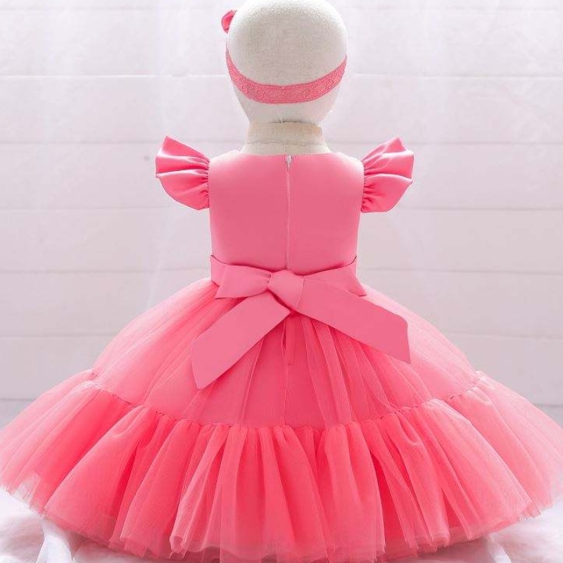 Baige Mesh Satin Princess Girls Vestidos de cumpleaños encantadores Diseños de vestidos paraniñas paraniñas para bautismo con banda para la cabeza