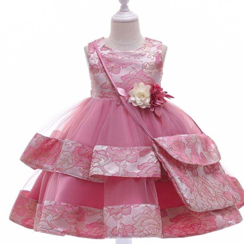 Baige New Design Flower Girl Vestido de fiesta con mini bolso Cumpleaños de satén Vestido de princesa L5216