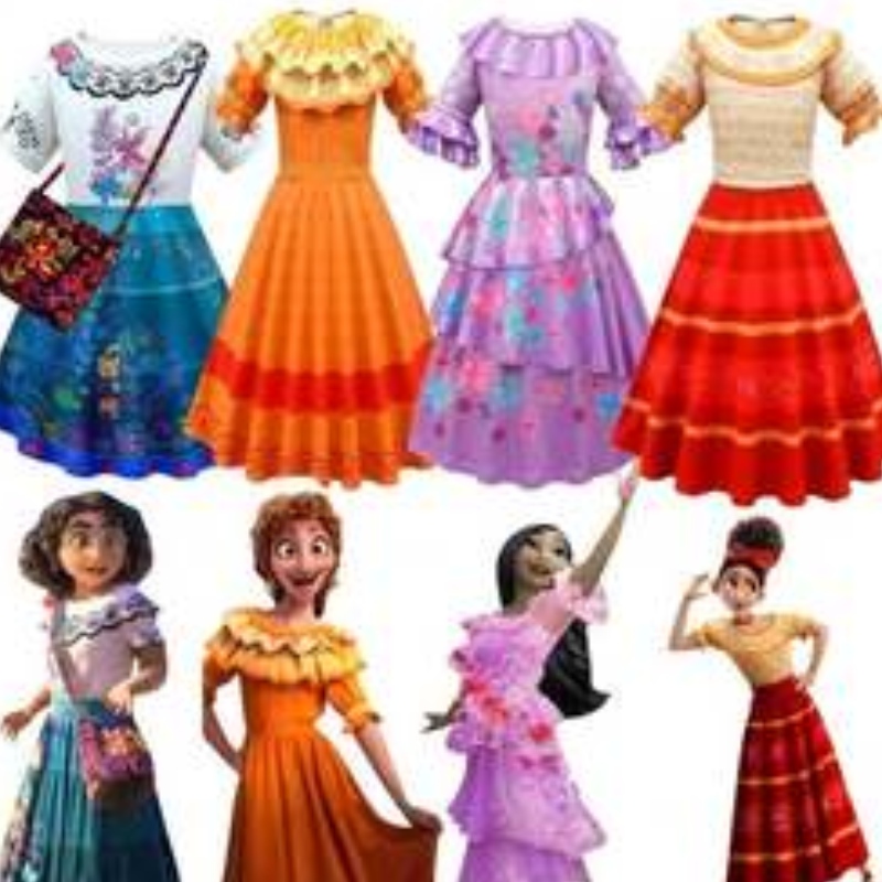 Baige Kids Girls Encanto Mirabel Vestido de cosplay con bolsa de halloween carnaval traje