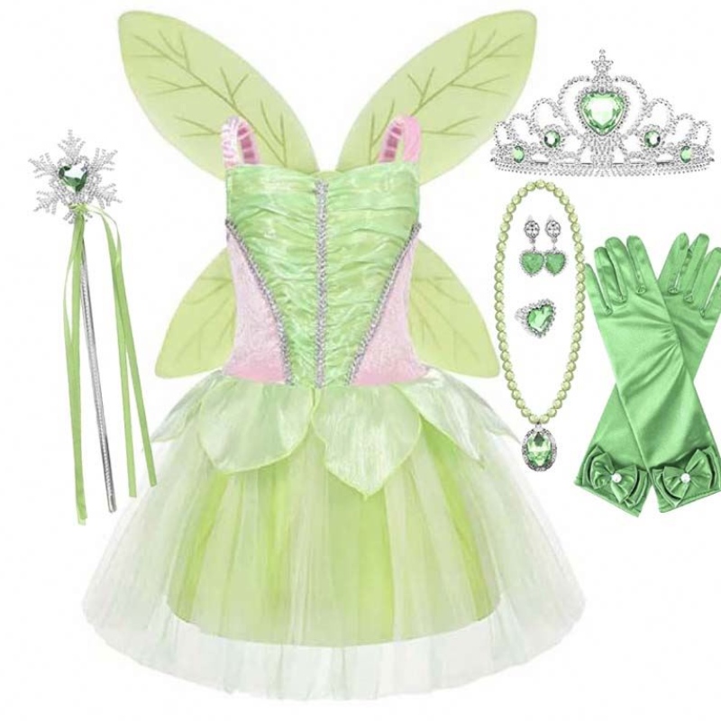 Halloween Cosplay Baby Girl Party Christmas Green Fairy Tinker Tinker Bell atuendo con juegos de alas de mariposa HCTB-005