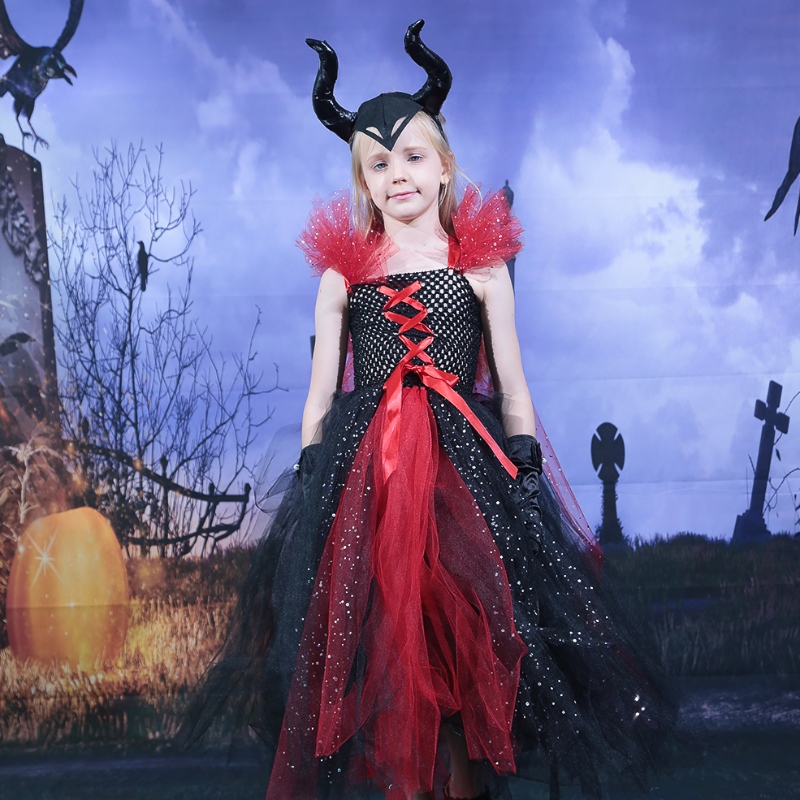 Amazon Hot Selling Niños Deluxe Deluxe Halloween Vampire Witch Disfraz de hada princesa Tutu Tutu Vestido Hornos Diabarra